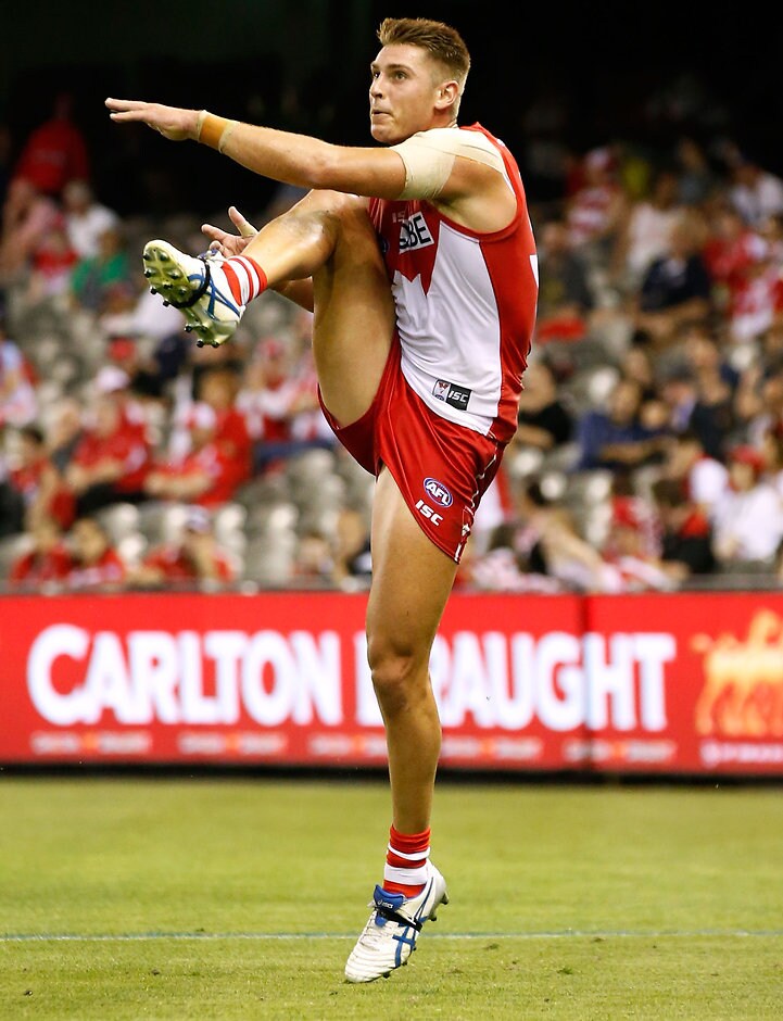 AFL 2016 NAB Challenge - Carlton v Sydney MELBOURNE, AUSTRALIA - MARCH 11: Michael Talia of the Swans kicks the ball during the 2016 NAB Challenge match between the Carlton Blues and the Sydney Swans at Etihad Stadium, Melbourne on March 11, 2016. (Photo by Adam Trafford/AFL Media)